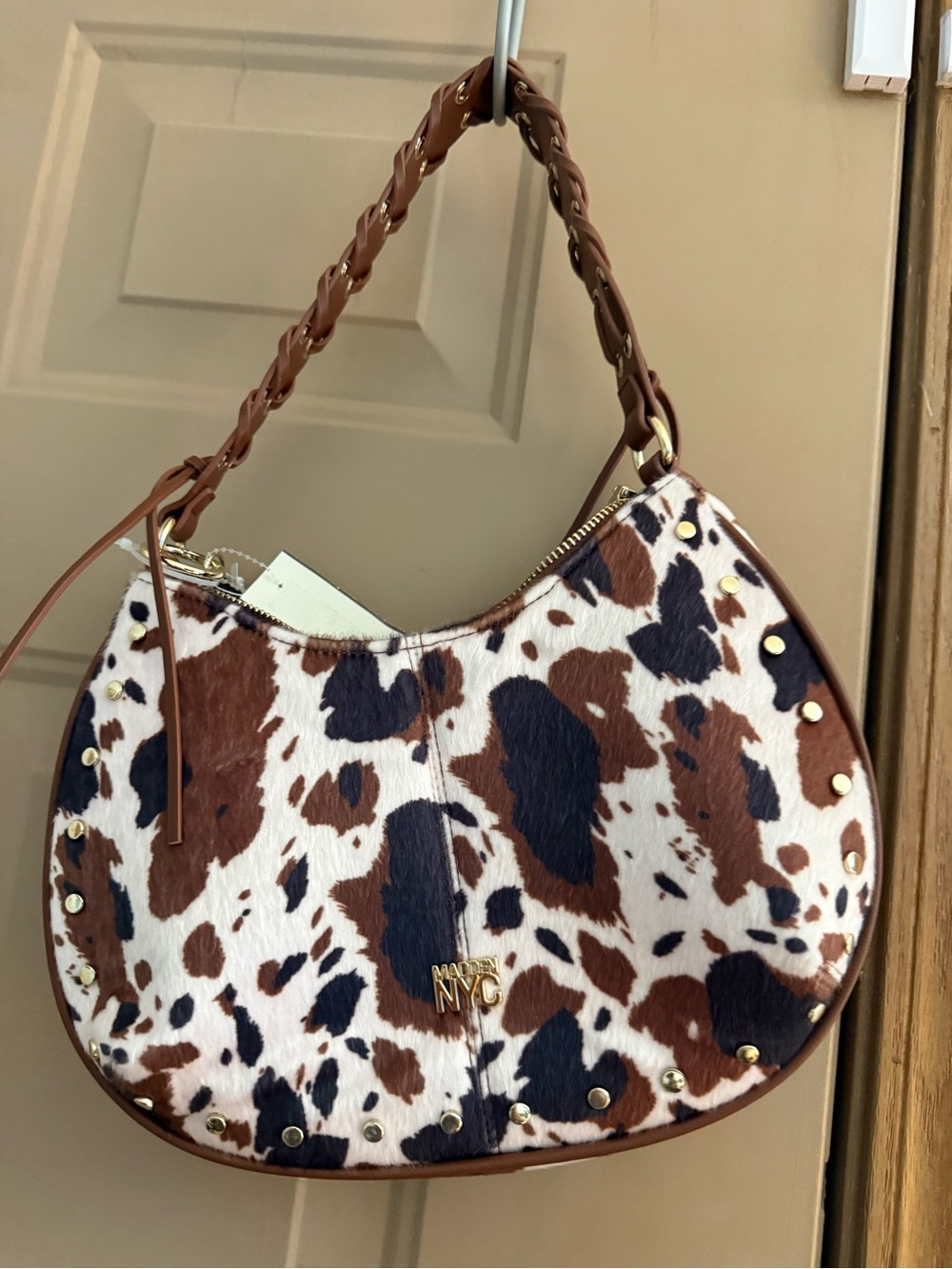 NYC Cowhide-Print Crescent Hobo in Brown, Black & White with Braided Strap